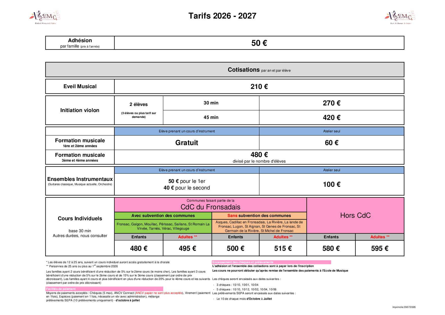 Tarifs cours 2026 2027